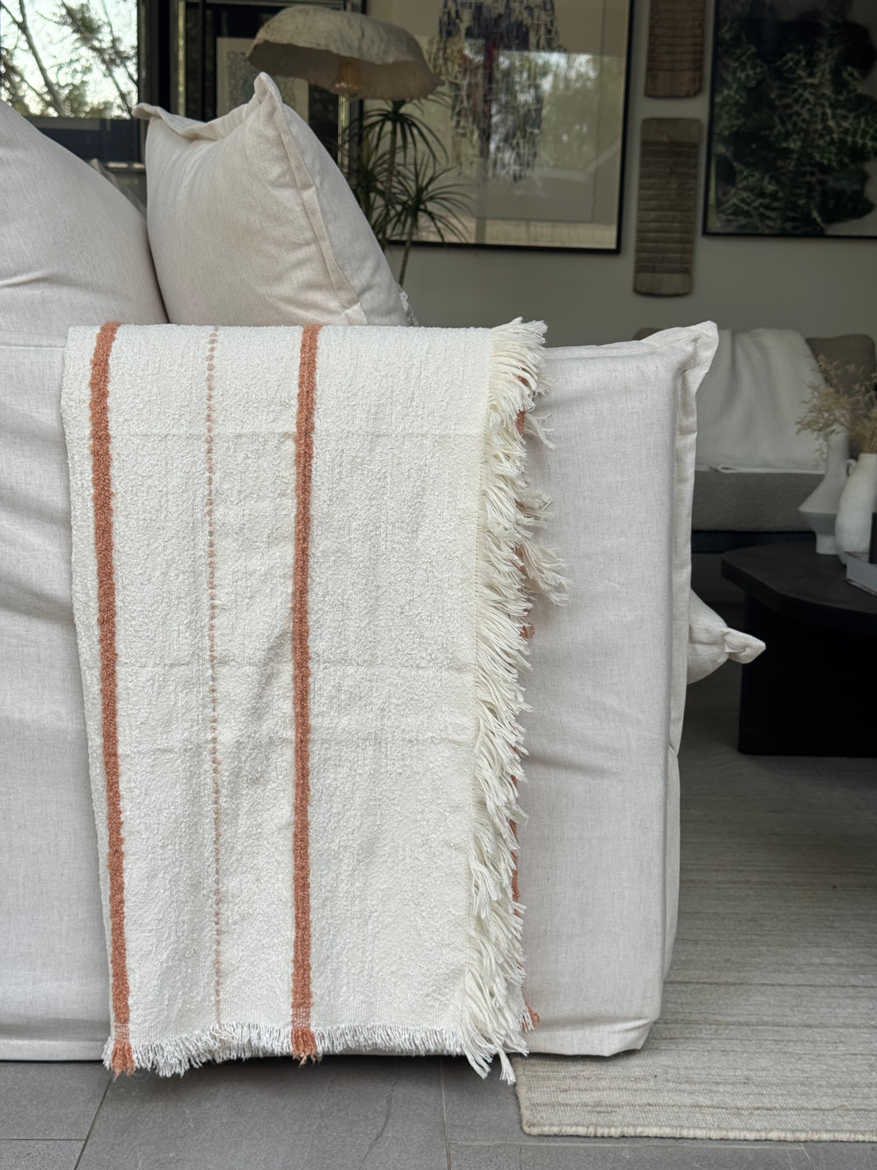 Manta Beige Franja Terracota