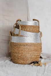 Canasto Fibra Borde Plateado