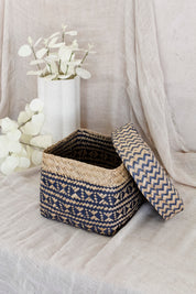 Canasto Caja Trenzado Natural Azul