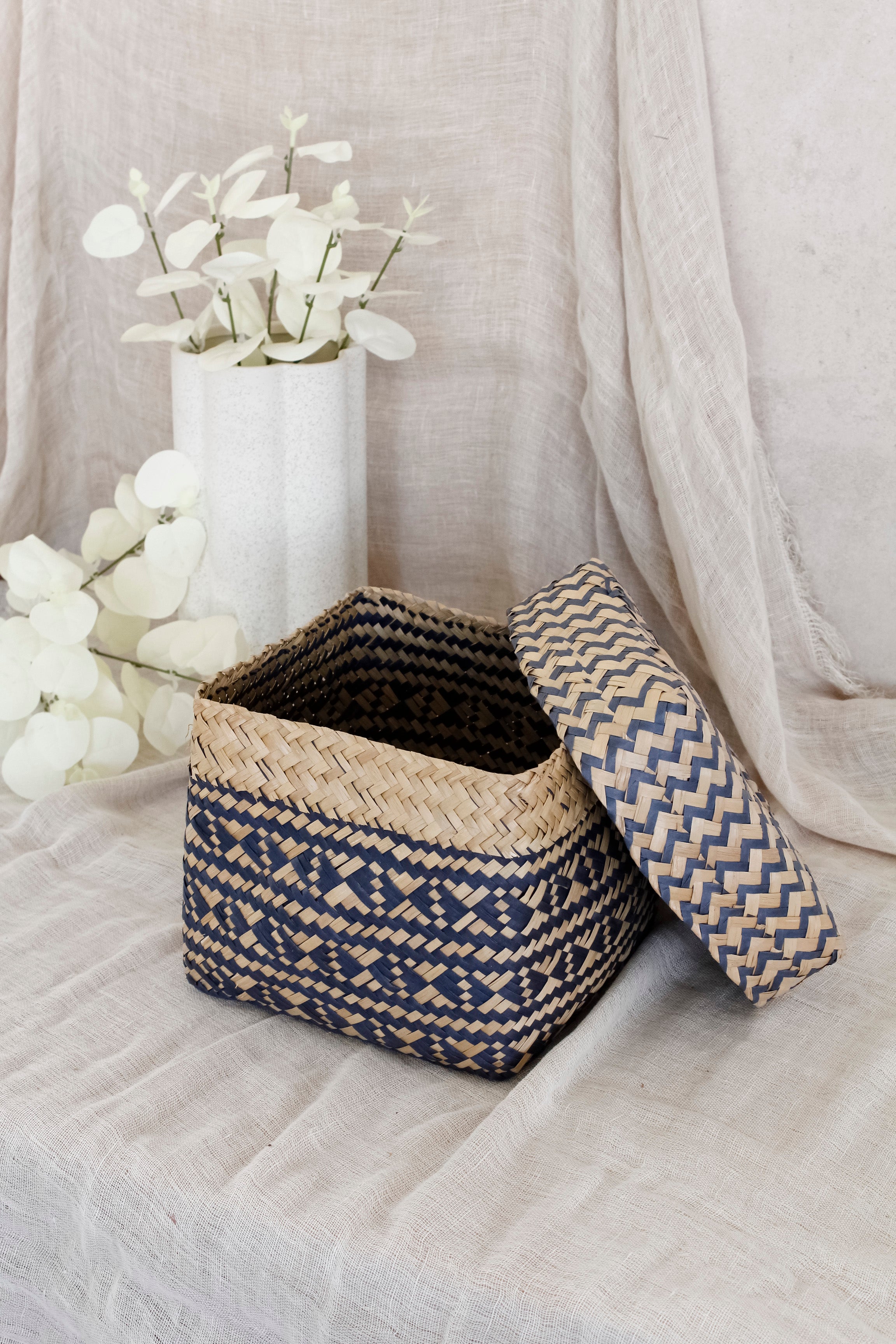 Canasto Caja Trenzado Natural Azul