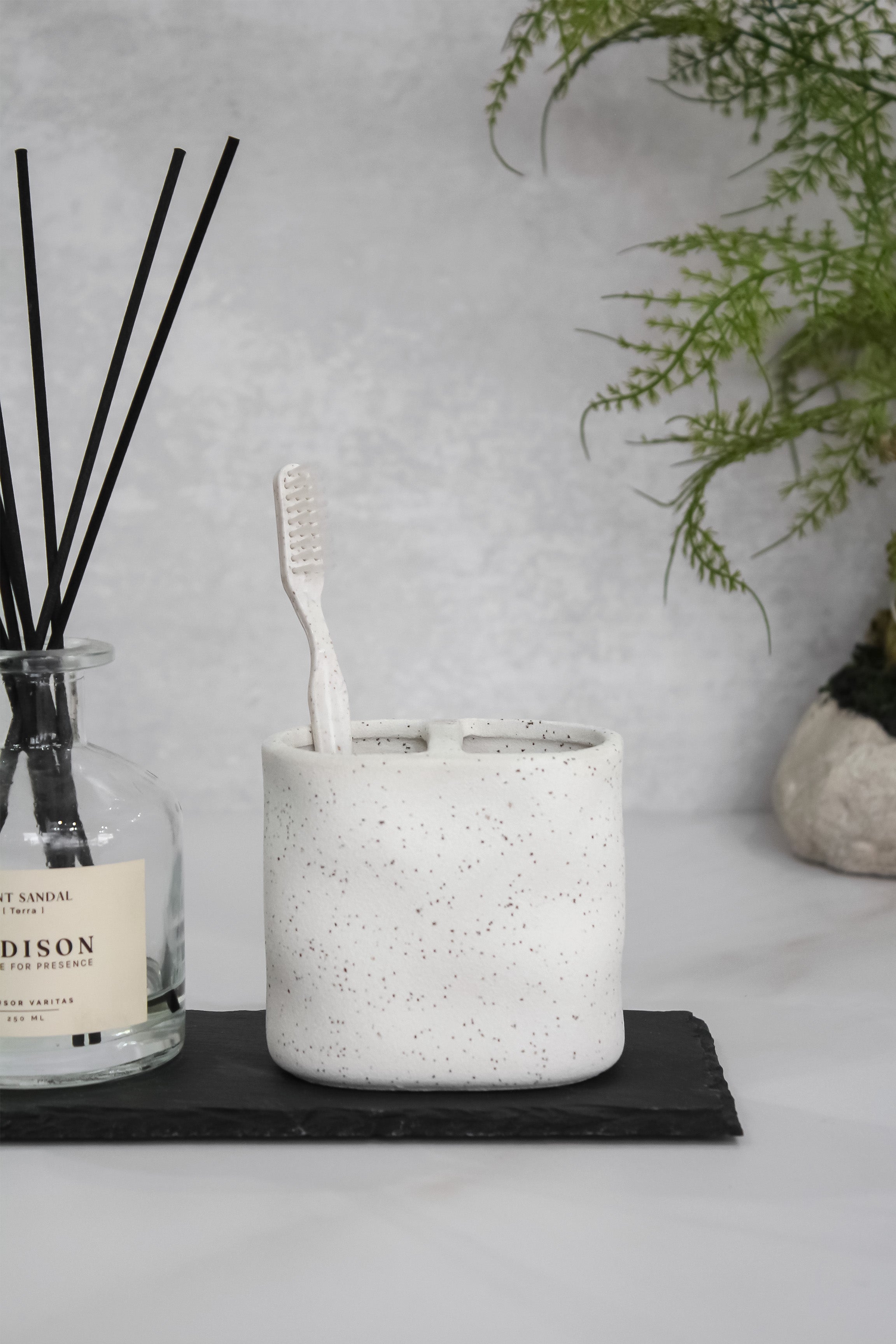 Porta Escobilla de Dientes Cerámica Blanca Jaspeada