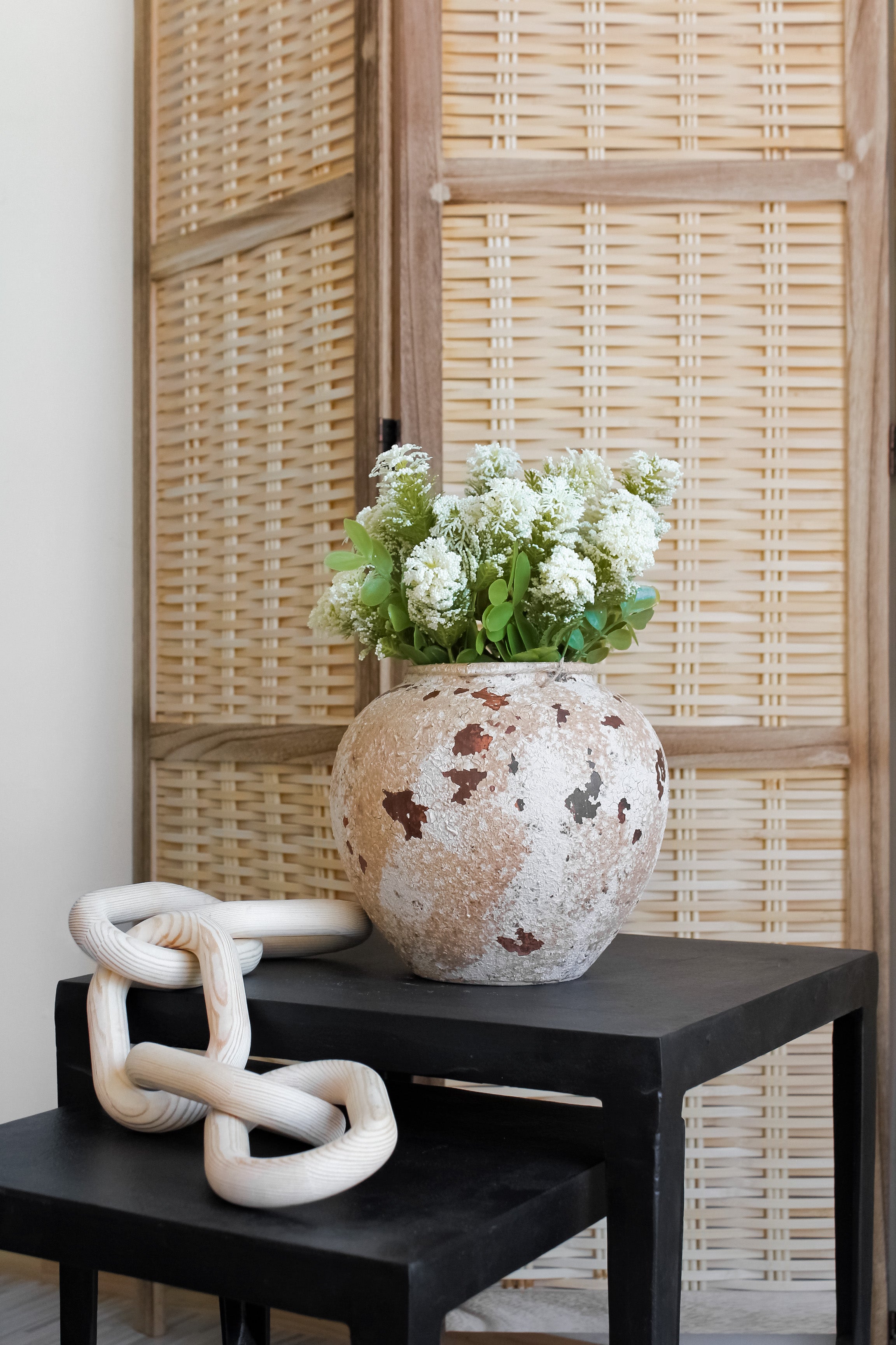 Jarrón Indio Craquelado Crema Bajo